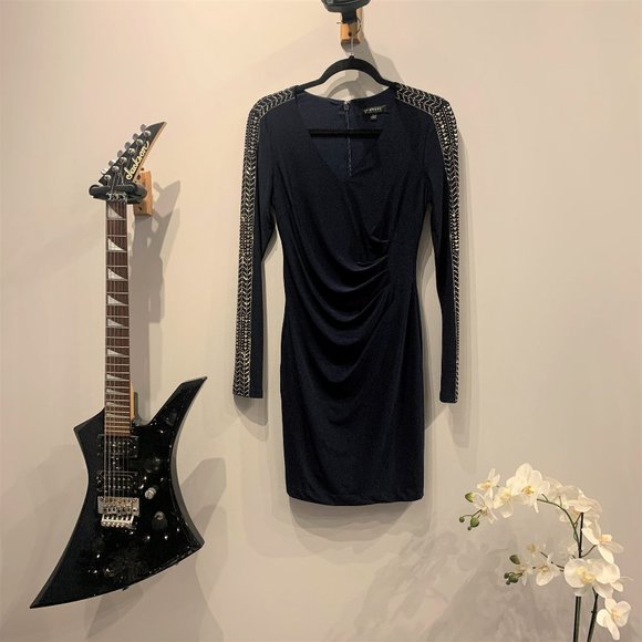 GUESS Navy Blue and Silver Studded Long Sleeve Dress - Size 6 - Picture 5 of 9
